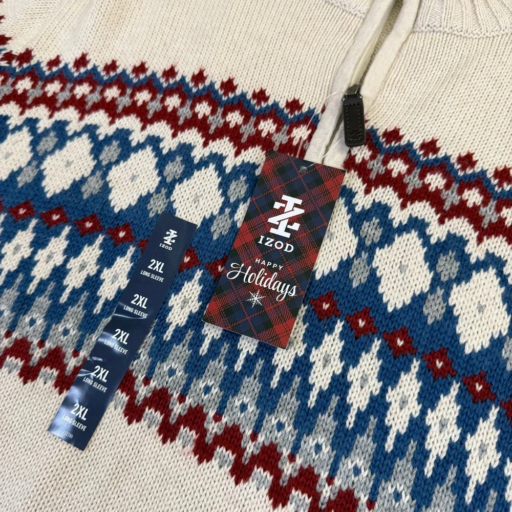 IZOD Fair Isle Quarter Zip Sweater Mens 2XB Big Cream Knit Holiday NWT